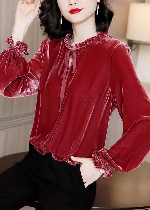 French Red Ruffled Patchwork Tie Lace Silk Velour Top Lantern Sleeve