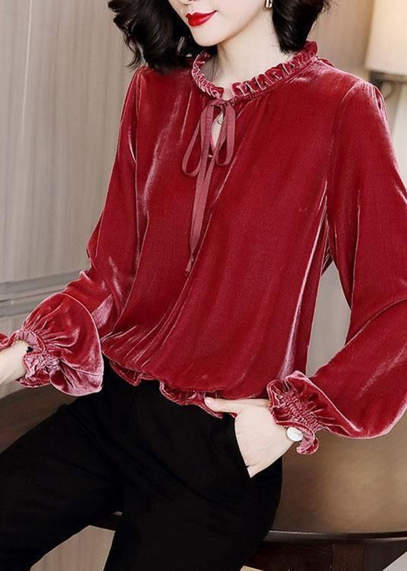 French Red Ruffled Patchwork Tie Lace Silk Velour Top Lantern Sleeve