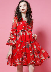 French Red Ruffled Print Chiffon Maxi Dress Bracelet Sleeve