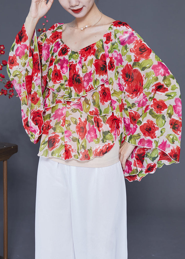 French Red Ruffles Print Backless Chiffon Shirt Flare Sleeve