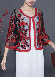 French Red Sequins Embroidered Tulle Loose Cardigan Summer