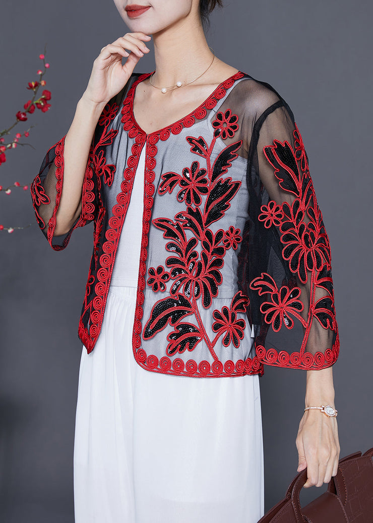 French Red Sequins Embroideried Tulle Loose Cardigan Summer