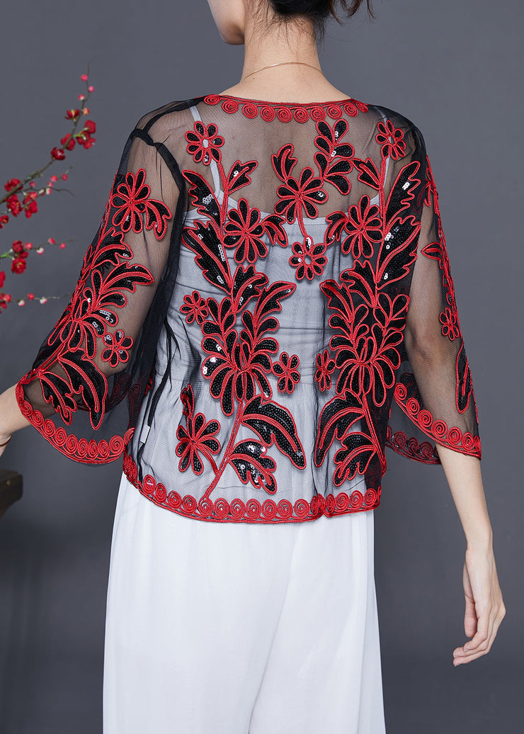 French Red Sequins Embroidered Tulle Loose Cardigan Summer