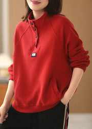 French Red Stand Collar Pockets Cotton Loose Sweatshirts Top Long Sleeve