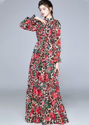 French Red Stand Collar Ruffled Leopard Print Chiffon Long Dress Fall