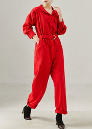 French Red Tie Waist Cotton Overalls Jumpsuits Fall