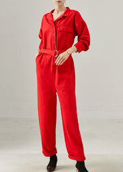 French Red Tie Waist Cotton Overalls Jumpsuits Fall