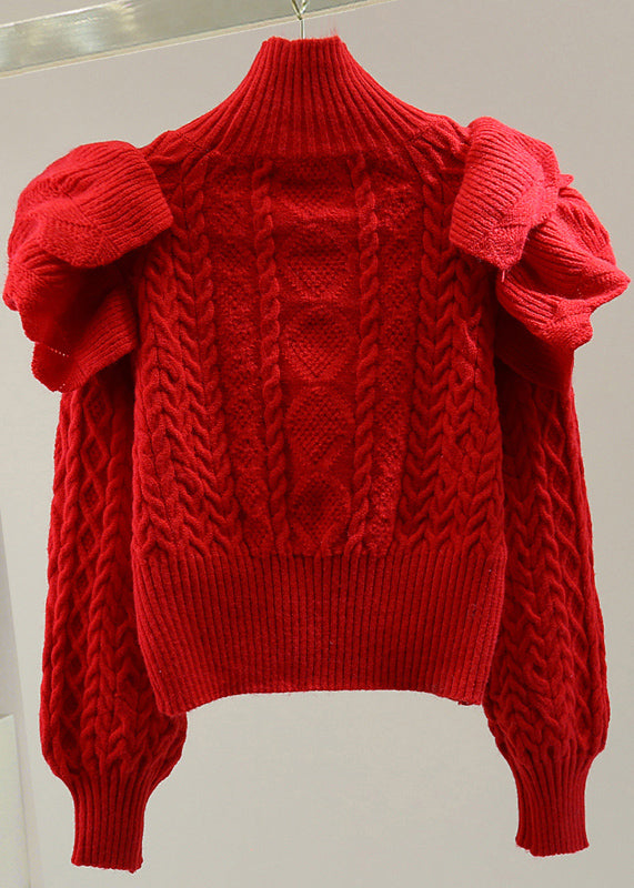 French Red Turtleneck Cotton Knit Sweater Winter