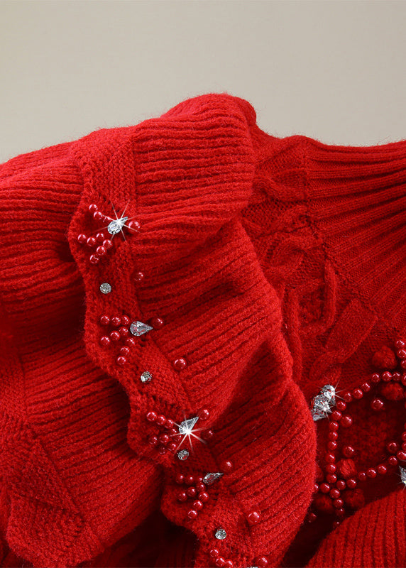 French Red Turtleneck Cotton Knit Sweater Winter