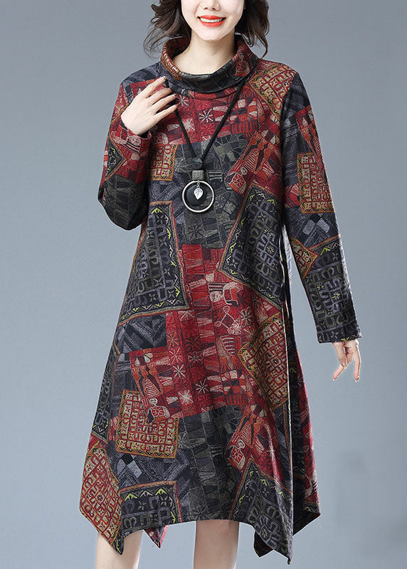 French Red Turtleneck Print Pockets Patchwork Cotton Dresses Fall