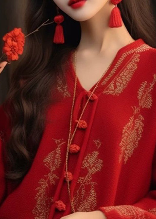 French Red V Neck Button Knit Top Long Sleeve