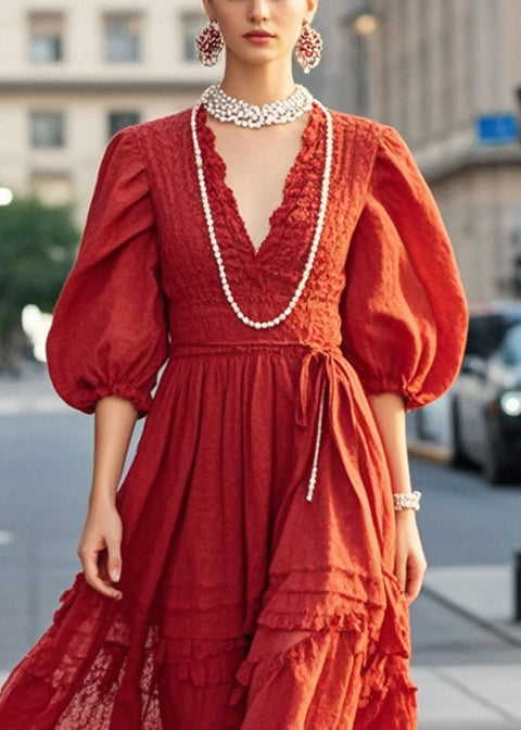 French Red V Neck Exra Large Hem Cotton Ankle Dress Half Sleeve