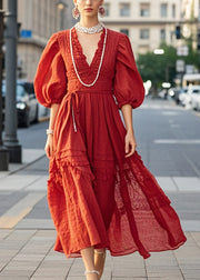 French Red V Neck Exra Large Hem Cotton Ankle Dress Half Sleeve