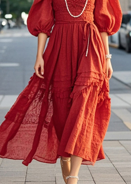 French Red V Neck Exra Large Hem Cotton Ankle Dress Half Sleeve