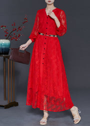 French Red V Neck Hollow Out Lace Holiday Dress Fall