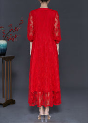 French Red V Neck Hollow Out Lace Holiday Dress Spring