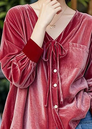 French Red V Neck Lace Up Button Velour Shirt Top Spring