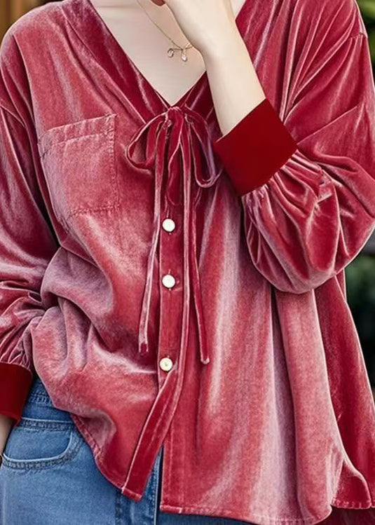 French Red V Neck Lace Up Button Velour Shirt Top Spring