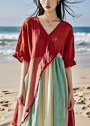 French Red V Neck Patchwork Cotton Long Dress Summer
