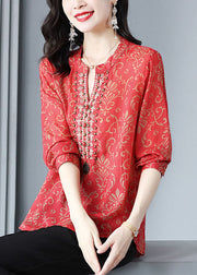 French Red V Neck Print Rivet Patchwork Silk Blouse Tops Spring