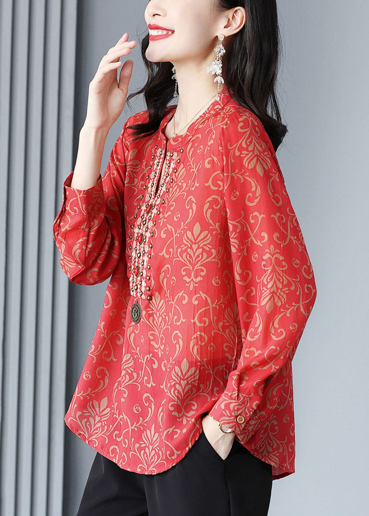 French Red V Neck Print Rivet Patchwork Silk Blouse Tops Spring