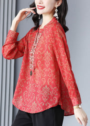 French Red V Neck Print Rivet Patchwork Silk Blouse Tops Spring