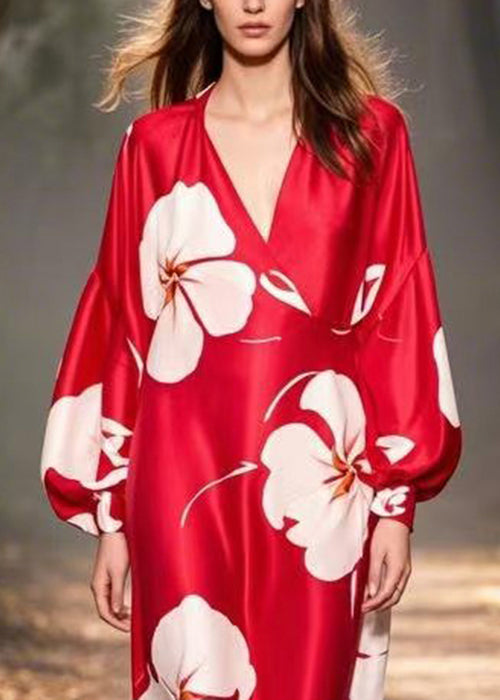 French Red V Neck Print Silk Long Dress Spring