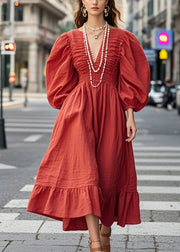 French Red V Neck Wrinkled Silm Fit Long Dresses Puff Sleeve