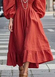 French Red V Neck Wrinkled Silm Fit Long Dresses Puff Sleeve