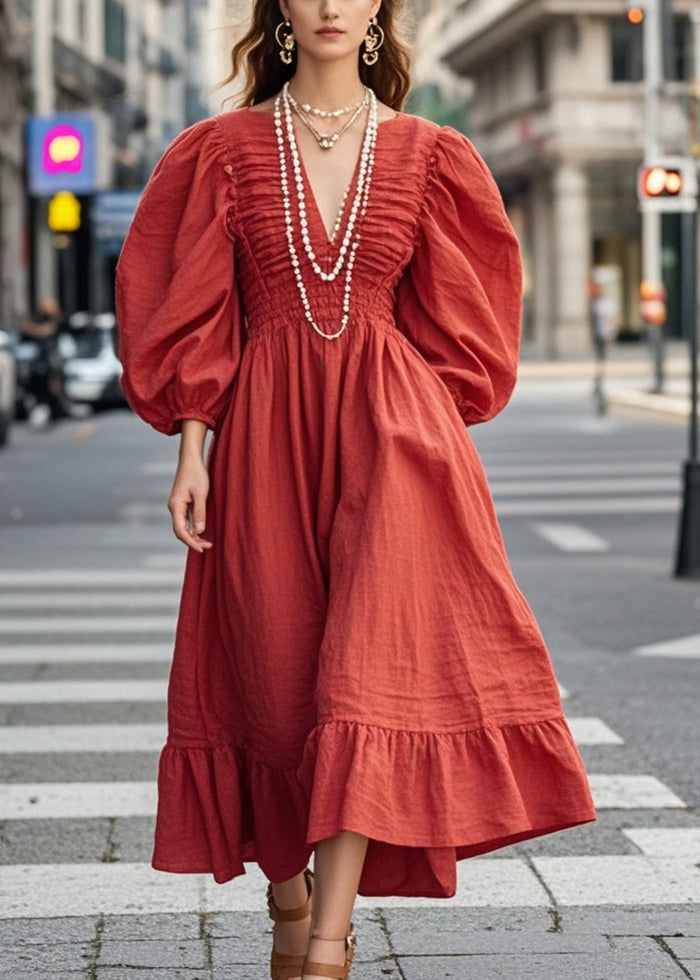 French Red V Neck Wrinkled Silm Fit Long Dresses Puff Sleeve