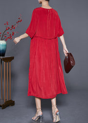 French Red Wrinkled Tie Waist Linen Long Dresses Summer