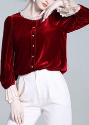 French Red Zircon Button Patchwork Silk Velour Shirt Flare Sleeve