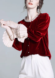 French Red Zircon Button Patchwork Silk Velour Shirt Flare Sleeve