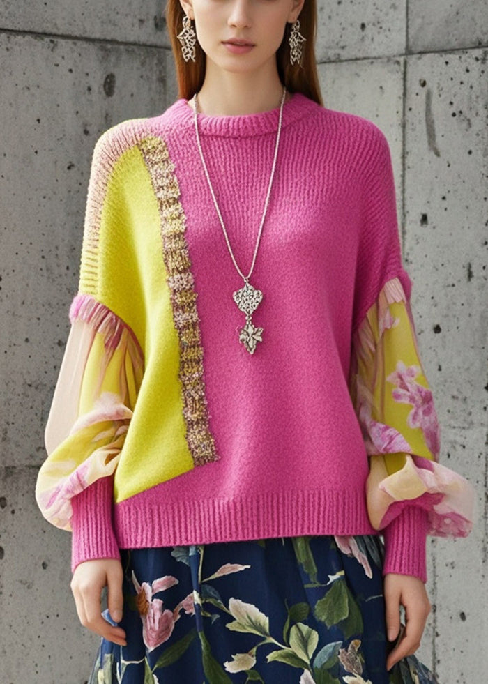 French Rose Asymmetrical Patchwork Short Sweater Fall