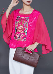 French Rose Embroidered Patchwork Silk Blouses Cloak Sleeves