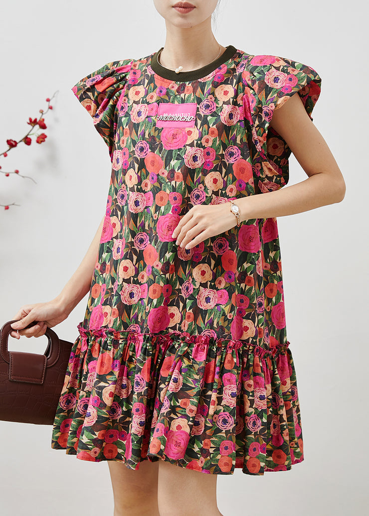 French Rose Floral Cotton Mini Dresses Petal Sleeve