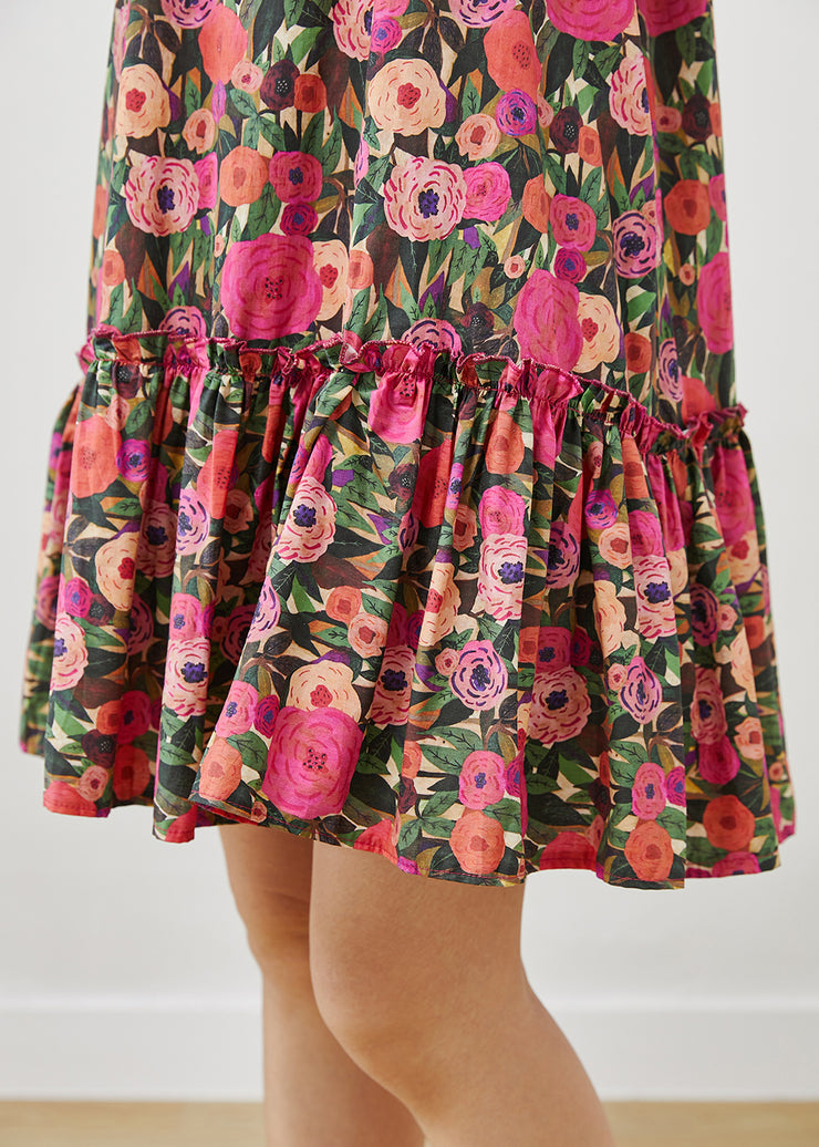 French Rose Floral Cotton Mini Dresses Petal Sleeve