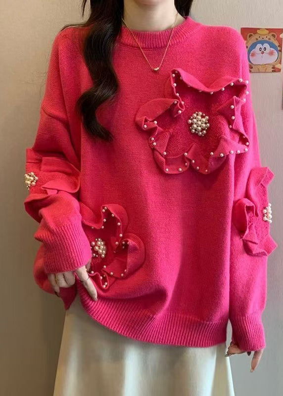 French Rose O Neck Floral Nail Bead Knit Sweater Tops Spring