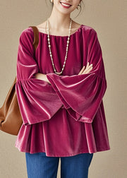 French Rose O Neck Patchwork Velour Top Flare Sleeve