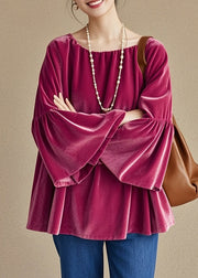 French Rose O Neck Patchwork Velour Top Flare Sleeve