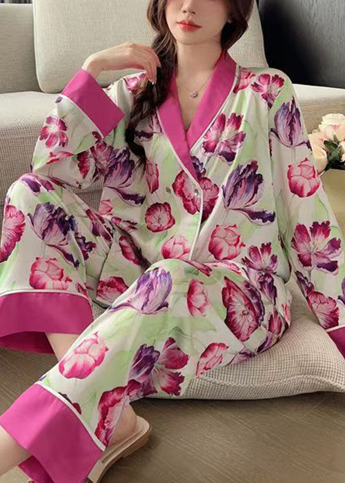 French Rose Peter Pan Collar Print Ice Silk Pajamas 2 Piece Outfit Spring