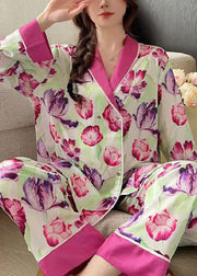 French Rose Peter Pan Collar Print Ice Silk Pajamas 2 Piece Outfit Spring