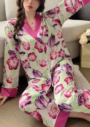 French Rose Peter Pan Collar Print Ice Silk Pajamas 2 Piece Outfit Spring