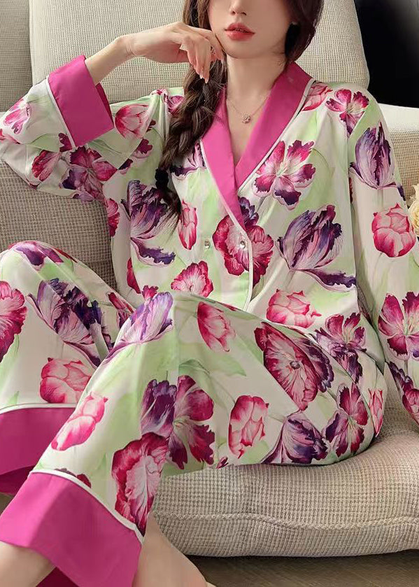 French Rose Peter Pan Collar Print Ice Silk Pajamas 2 Piece Outfit Spring