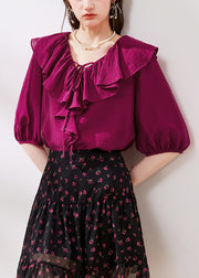 French Rose Ruffled Lace Up Silk Shirts Half Sleeve