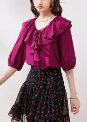 French Rose Ruffled Lace Up Silk Shirts Half Sleeve