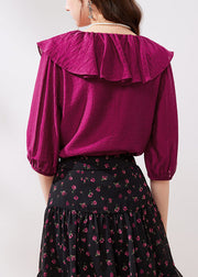 French Rose Ruffled Lace Up Silk Shirts Half Sleeve