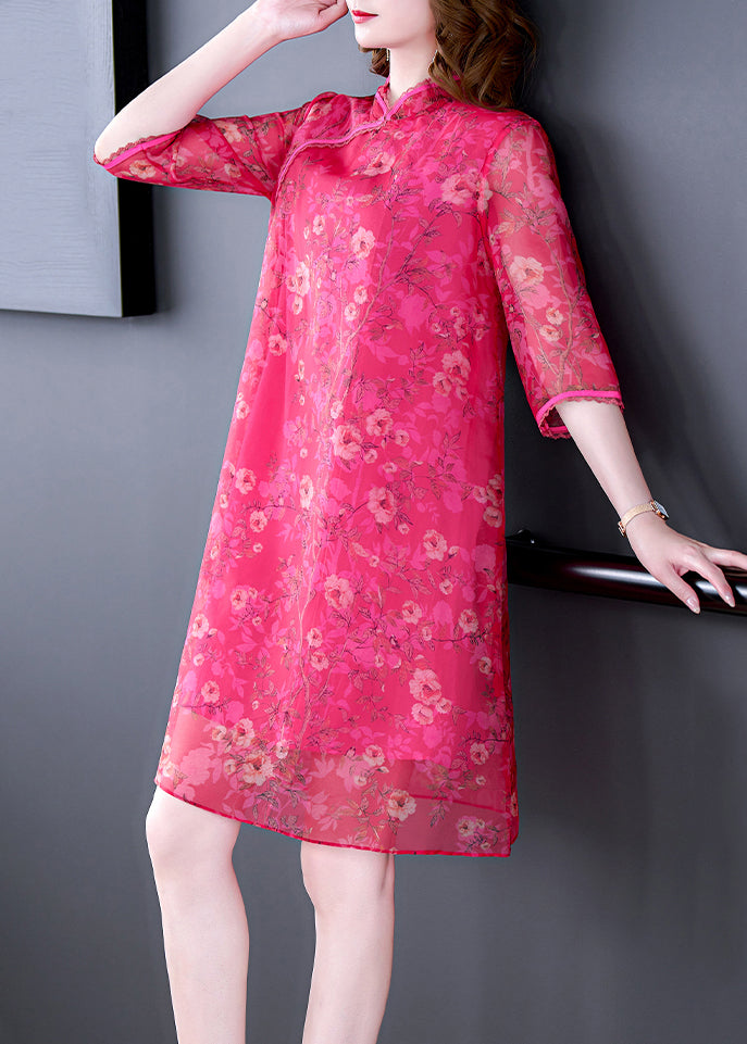 French Rose Stand Collar Print Silk Dress Half Sleeve