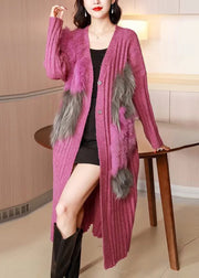 French Rose V Neck Button Fox Hair Patchwork Knit Cardigans Winter