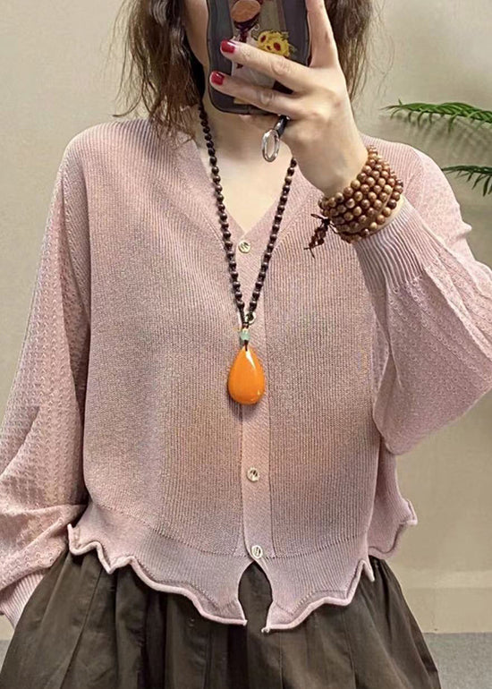 French Rose V Neck Button Ice Silk Knit Top Long Sleeve